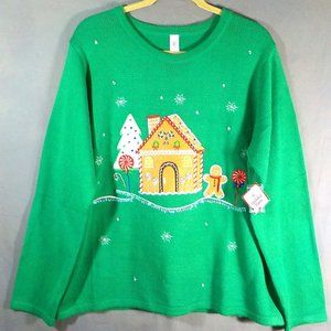 Festive Christmas Holiday Sweater Plus Size 20/2X Gingerbread Embroidery Green